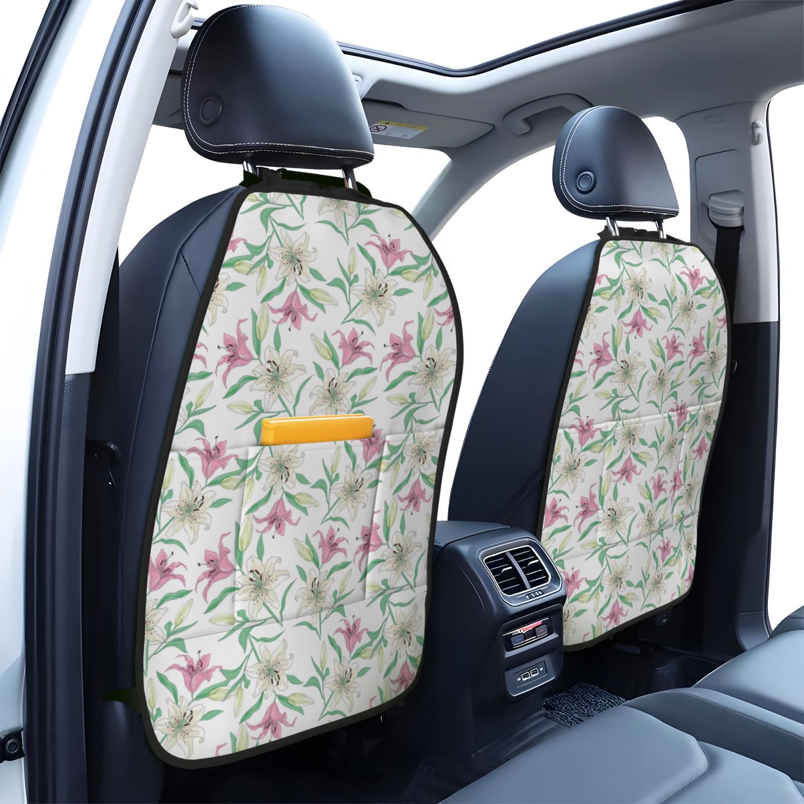 Kdxio Lilies Flowers Print 2 Pack Car Kick Mat Seat Cover Back Protector Mat with Pockets for Organizer Backseat Protector and Storage Anti Kick Pad for Vehicles