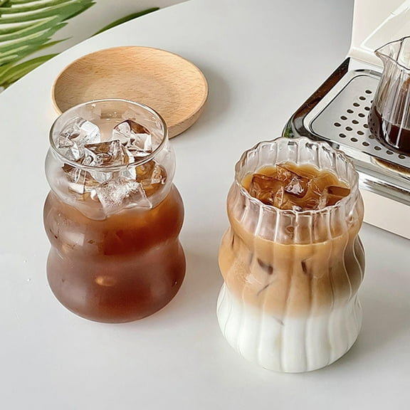 Iced Coffee Glasses,18 oz Iced Coffee Cups,Drinking Glasses,Beer Can Glass Glass Tumbler,Wave Shape Ribbed Glassware