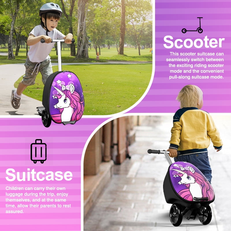 EAYSG 2-in-1 Kids Scooter Luggage with LED Lights,Ride-On Carry-On Suitcase for Children Ages 5-12, Foldable, Lightweight Travel Suitcase,Purple