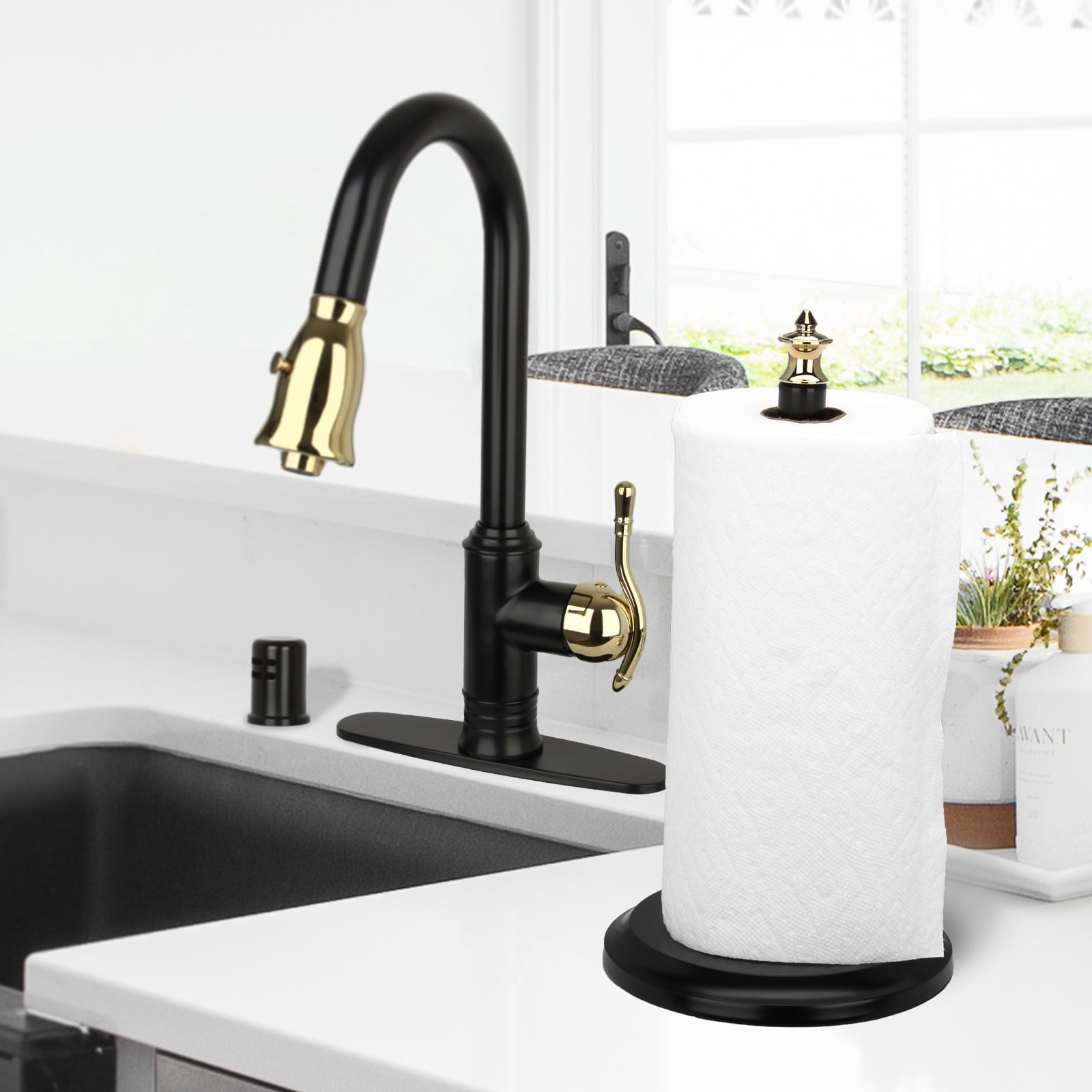 Akicon Paper Towel Holder Stand for Kitchen Countertop & Dining Room Table (Black Gold, Classical)