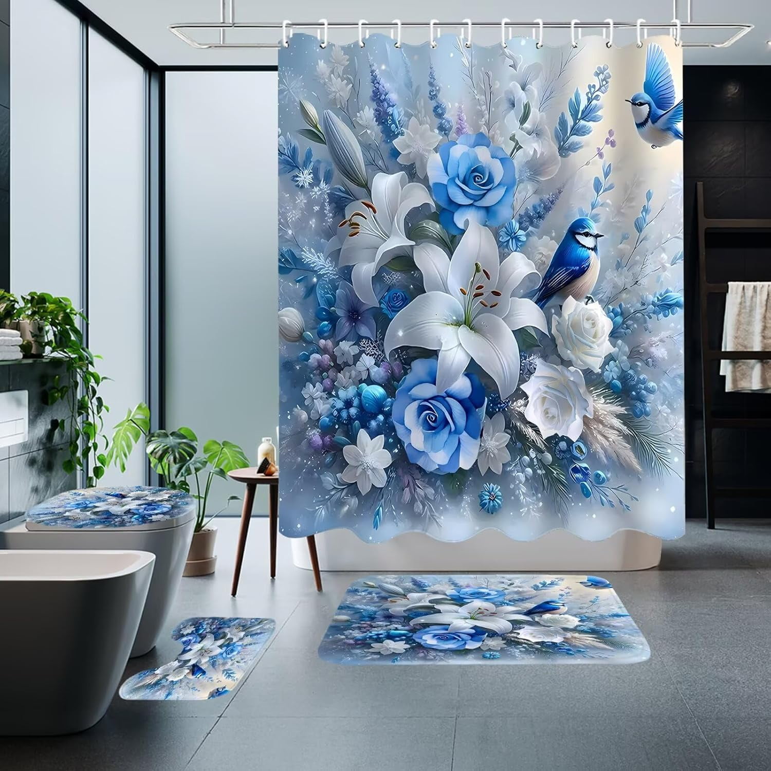 4Pcs Butterfly Shower Curtain Sets with Rugs Butterfly Pearl Bathroom Set with Non-Slip Rugs Toilet Lid Cover and Bath Mat Vintage Shower Curtain with 12 Hooks, Durable Bathroom Decor Set