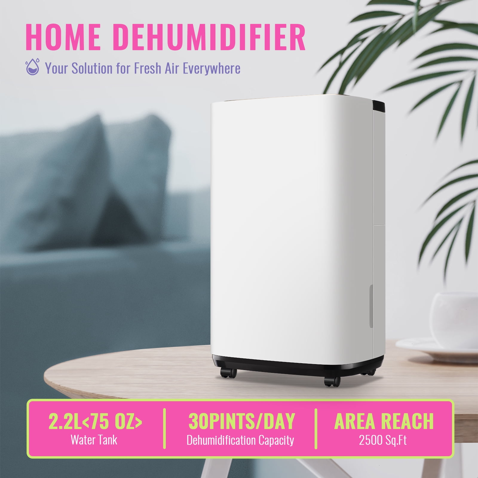 TACOOL Home Dehumidifier 30Pints for Basement with Handle, Drain Hose, 3 Operation Modes