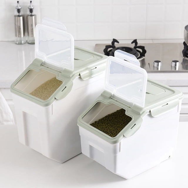 Cubo de arroz de plástico con forma de concha para el hogar, cubo de arroz transparente sellado de 10 kg, caja de arroz de 20 kg a prueba de humedad e insectos para la cocina