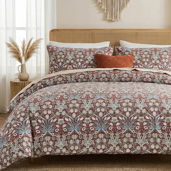 100% Cotton Duvet Cover , Red Paisley Print Bedding Set with Zipper Closure, 3 Pcs Breathable and Luxury Duvet Cover for All Season