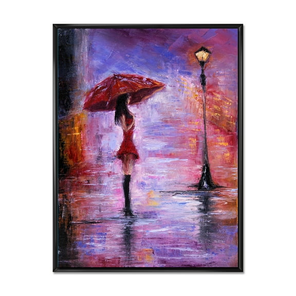 Designart 'The Girl With The Umbrella Walking In The Rain I' French Country Framed Canvas Wall Art Print