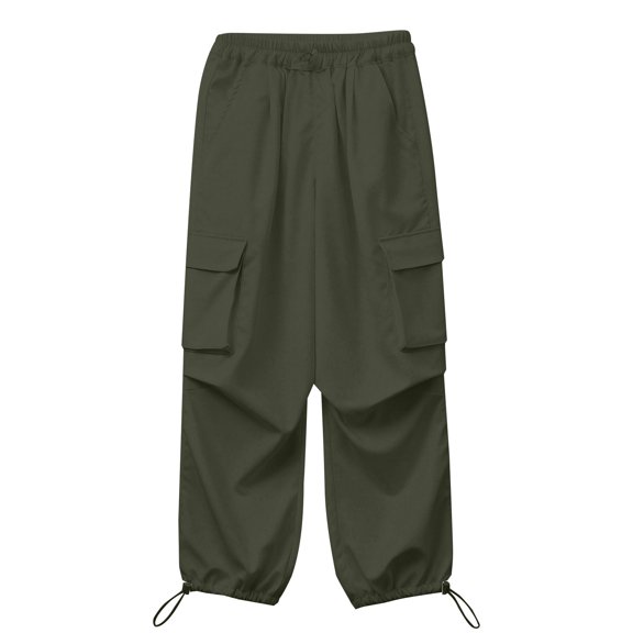 GiLiling Girls Parachute Cargo Pants, Elastic Waist Quick Dry Lightweight Baggy Hiking Pants with Pockets (Blackish Green, 11-12 Years)
