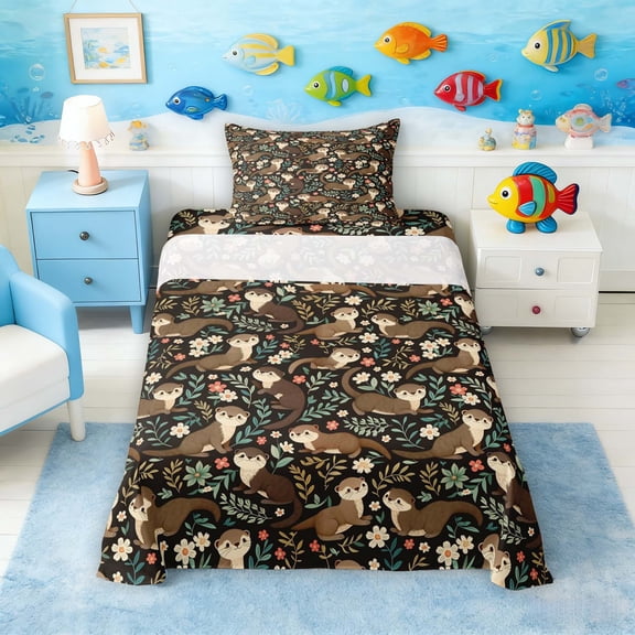 Manfei Vintage Otter Flower Twin Sheet Sets for Kids Boys and Girls, Animal Print Bedding 3-Piece, 1 Flat Sheet, 1 Fitted Sheet and 1 Pillowcase