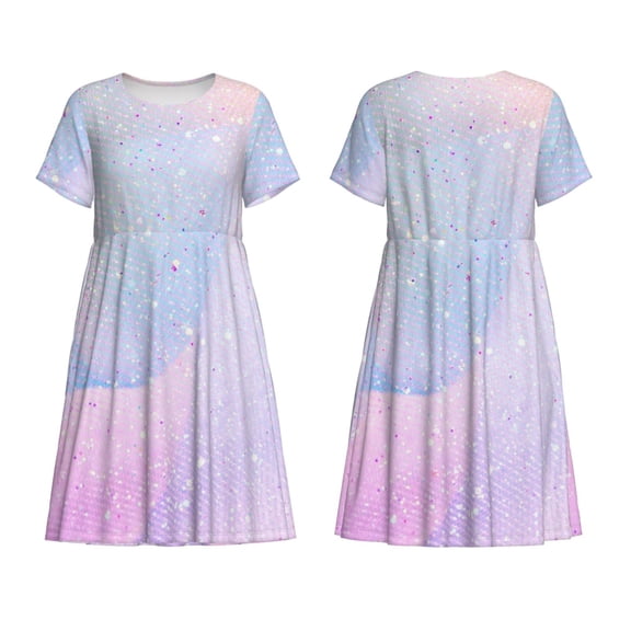 Horeoi Rainbow Unicorn Party Print Women's Short Sleeve Dress Breathable Polyester-Spandex All-Over Print A-Line Side Pockets Elastic Waist