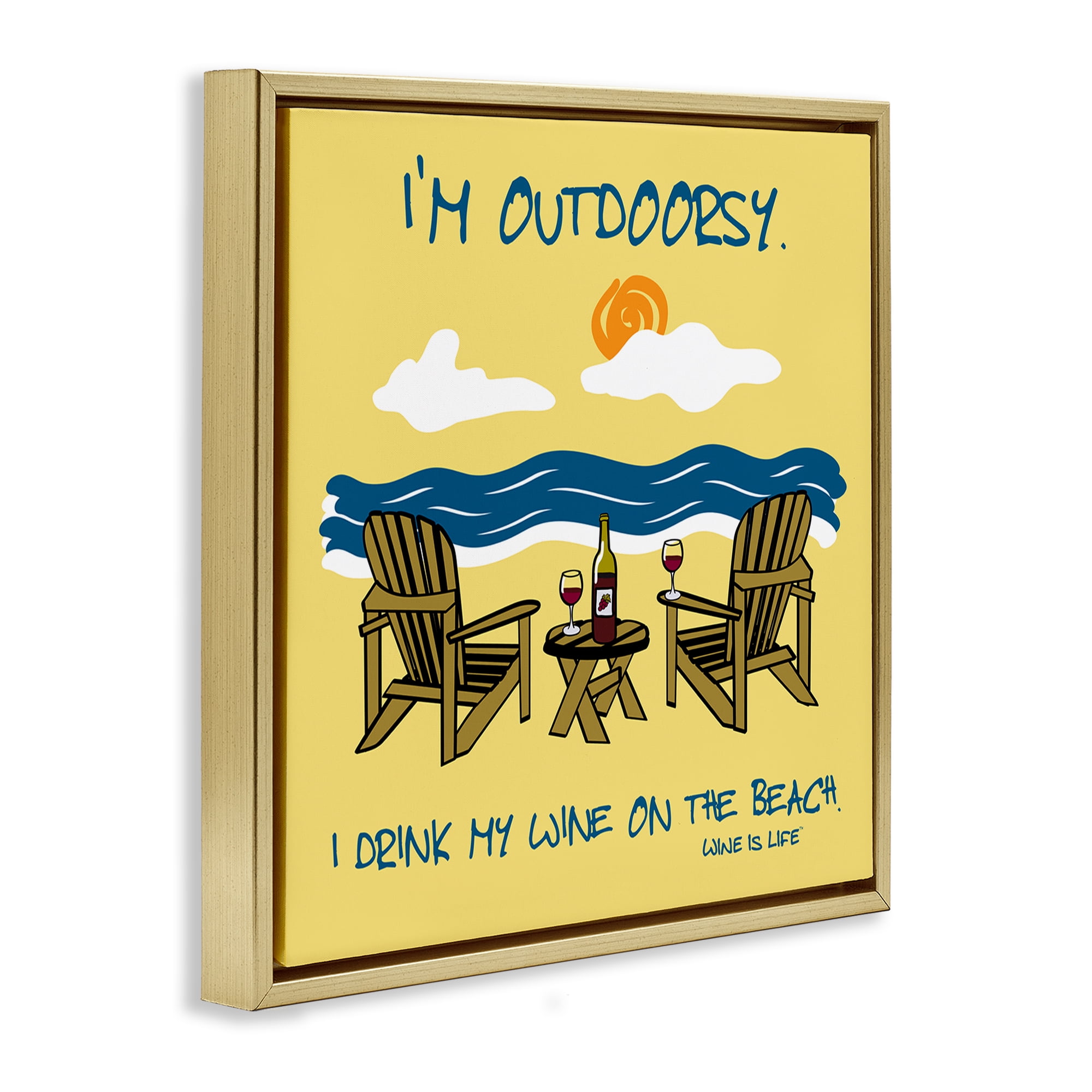 Stupell Industries Outdoorsy Wine on Beach Landscape & Nature Painting Gold Floater Framed Canvas Art Print Wall Art, 25 x 25