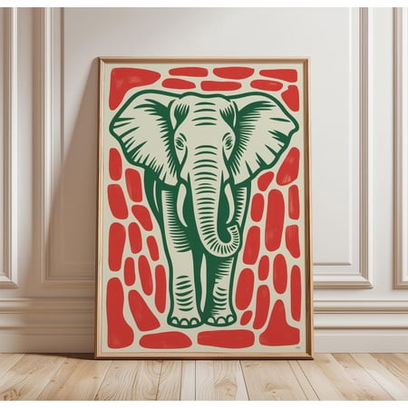 Elephant Linocut Poster Green Red Animal Wall Art Safari Wildlife Print