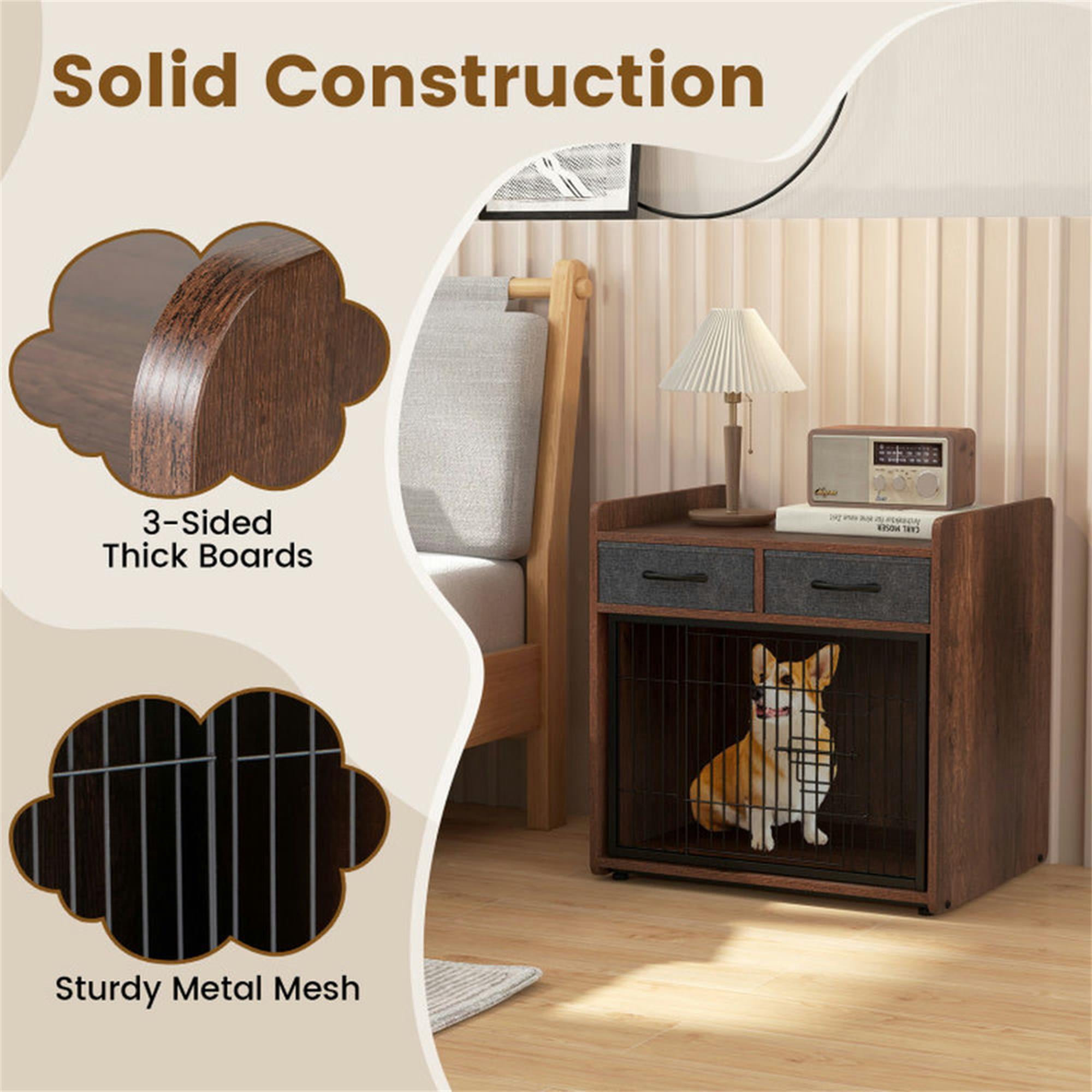 Pefilos 25" Dog Crate Furniture, Indoor Dog Kennel with 2 Fabric Drawers, Decorative Pet Cage Dog House, Brown