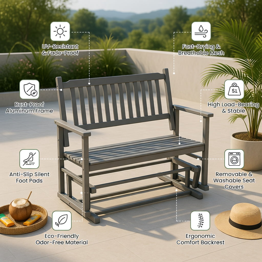 Hommoo 2-Person Outdoor Glider Bench, Poplar Wood Rocking Patio Bench with Ergonomic Slatted Seat & Armrests, Gray