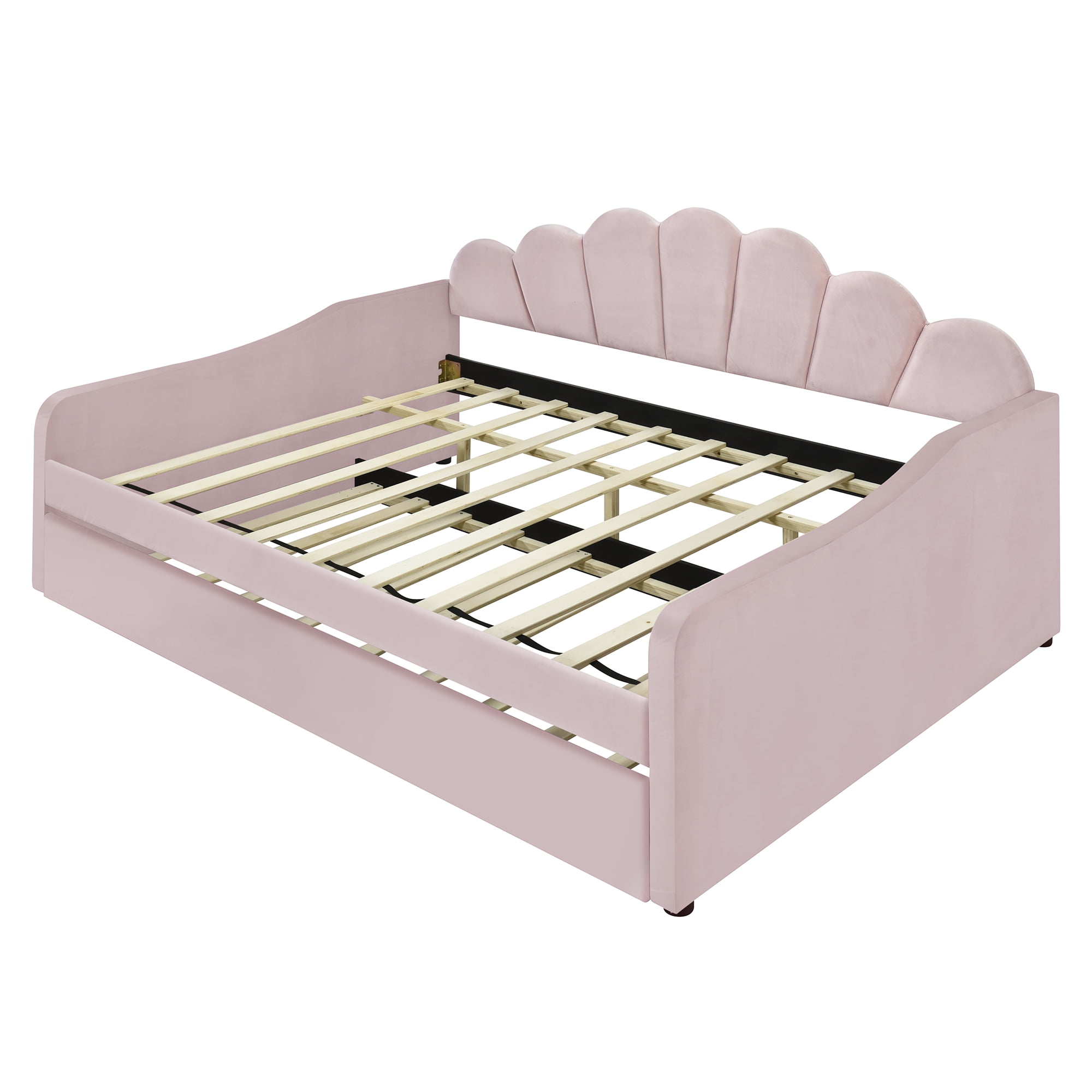 EUROCO Upholstery Full Size Platform Bed, Upholstery Daybed with Headboard and Trundle for Kids,Pink