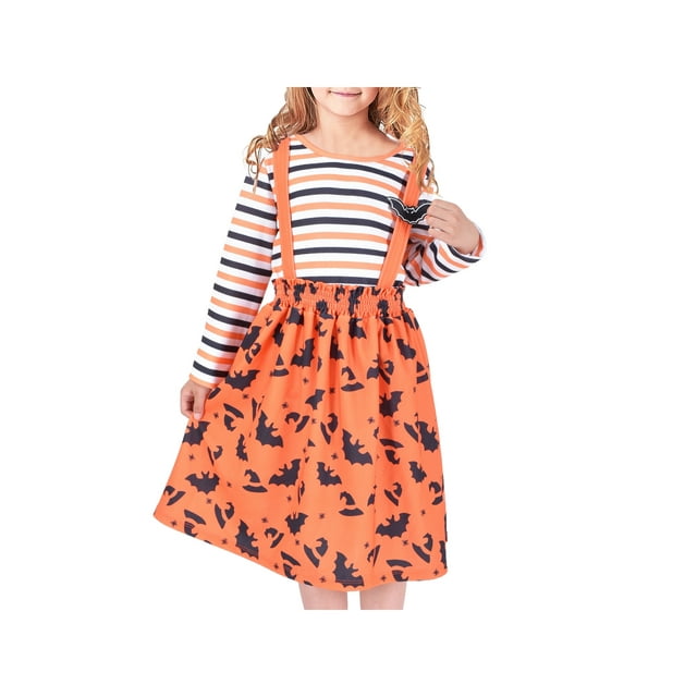 2 Pieces Set Girls Dress T-Shirt Suspender Skirt Halloween Bat Pattern 12 Years