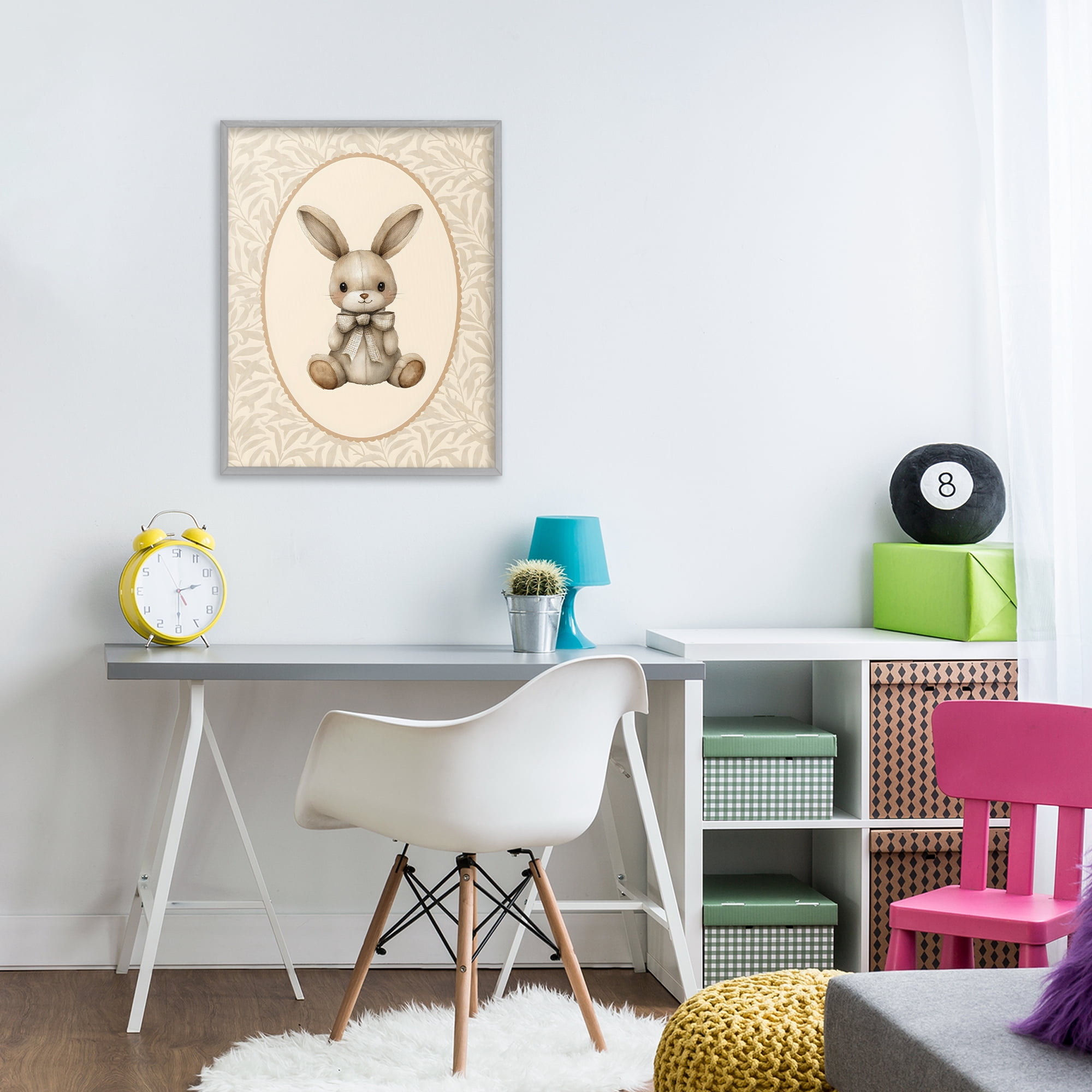 Stupell Industries Neutral Bunny in Oval Border Gray Framed Giclee Art, design by LSR Design Studio