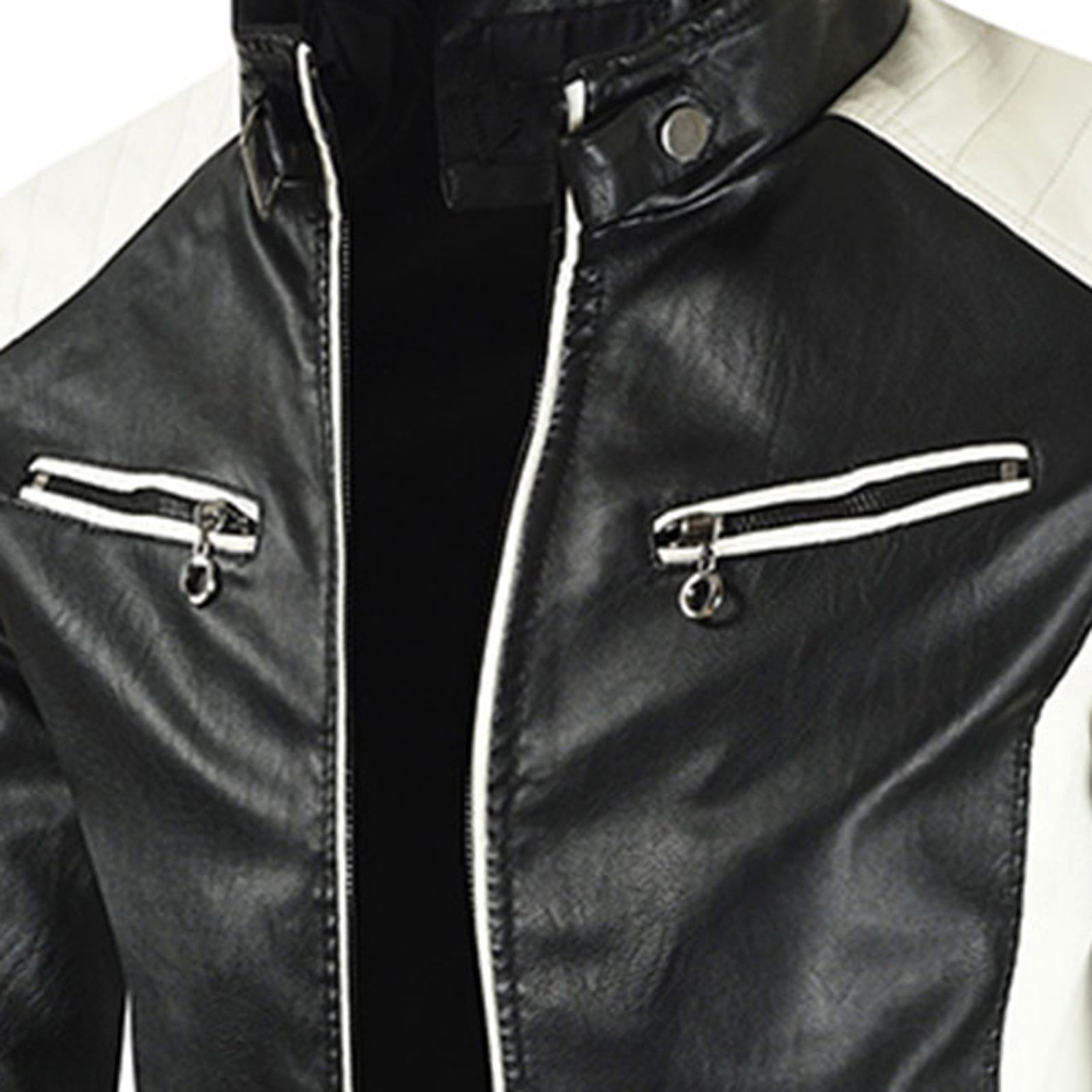 IROINNID Men's Faux Leather Stand Collar Long Sleeve Color Block Leisure Stand Collar Pocket Color Block Jacket