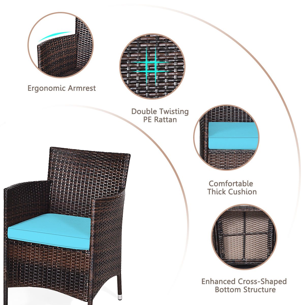 Costway Outdoor 3 PCS Rattan Wicker Furniture Sets Chairs Coffee Table Garden Blue - image 3 of 10
