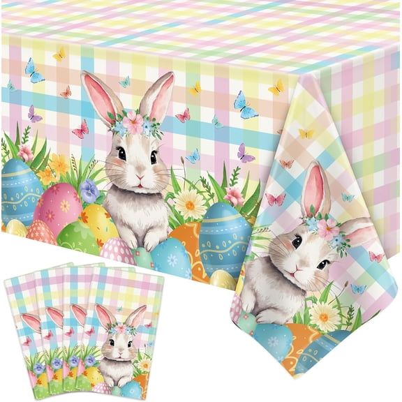 4 Pack Easter Bunny Tablecloth Spring Flowers Rabbit Egg Floral Table Cloth Buffalo Plaid Checkered Table Covers Spring Floral Decoration for Picnic Spring Easter Party Supplies 51 x 86in