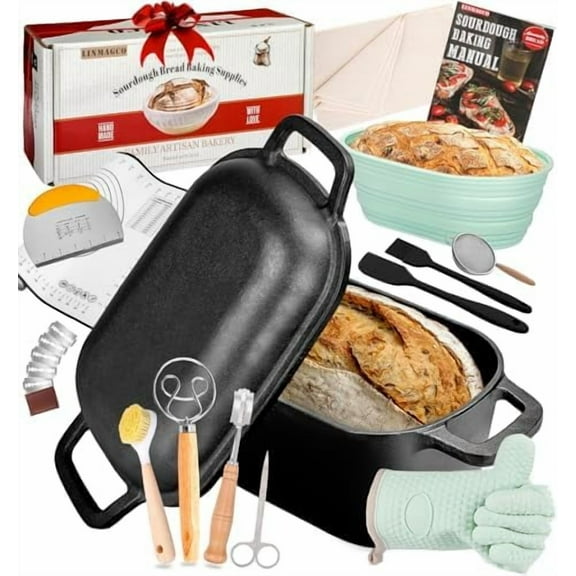 Dutch Oven for Bread Baking-3.6QT Oval Cast Iron Pot Bread Pan with Lid-Sourdough Bread Baking Supplies Starter Kit$$