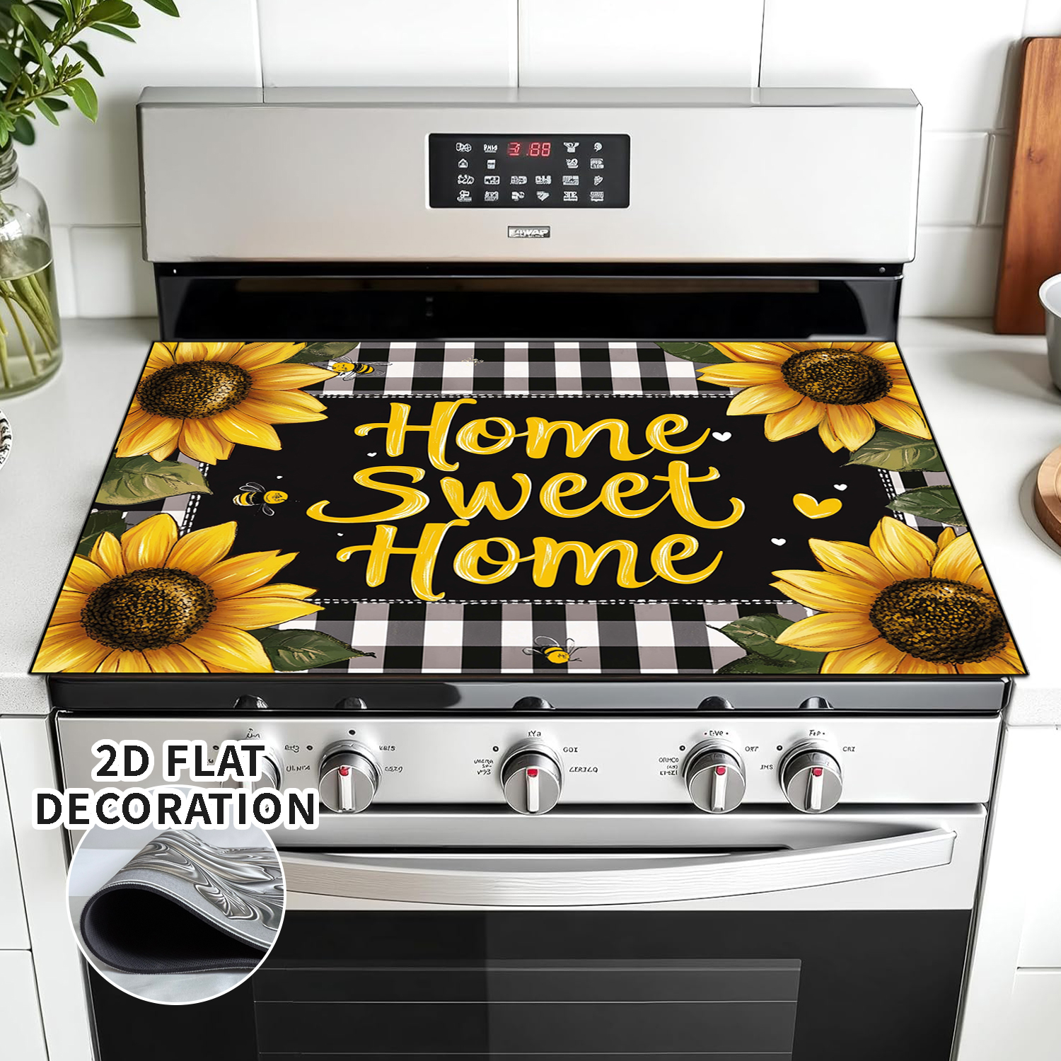 Rustic Sunflower Stove Top Covers for Electric Stove, 28'x20'' Country Floral Pastoral Black  Plaid Glass Ceramic Stove Cover , Mat Heat Resistant Cooktop Protector for Kitchen
