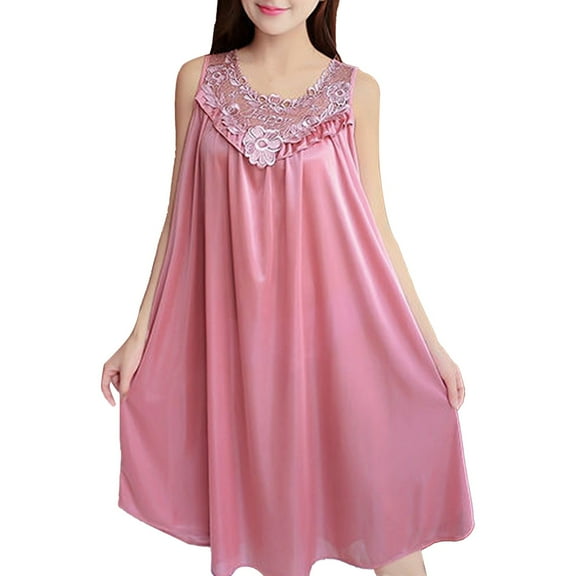 Women Casual Solid Color Sleep Dress Nightgown Nightdress Sleeveless Round Neck Lace Splice Pullover Loose Nightwear Sleepwear Night-clothes Pajamas Nighty