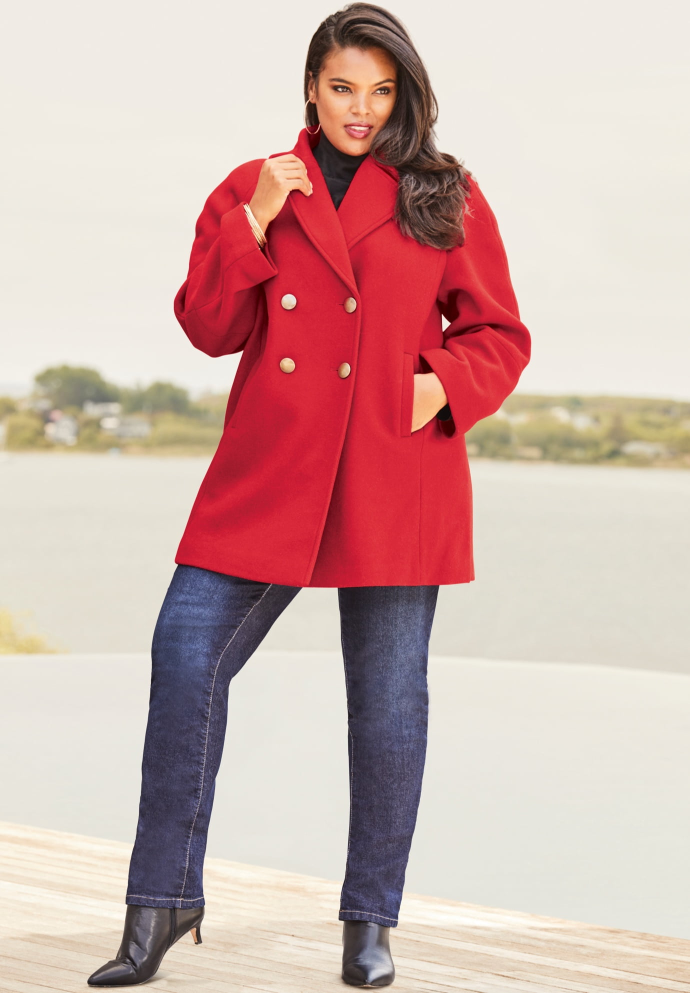 red plus size peacoat