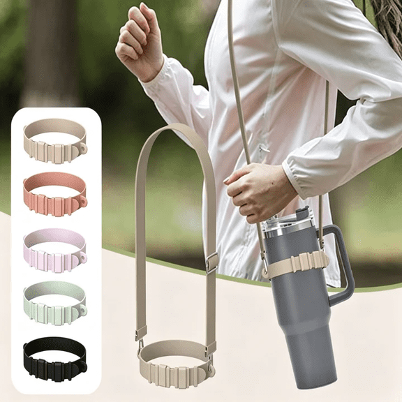 Adjustable Water Bottle Handle Strap Silicone,Universal Fit Carrier Sling for 8-40 oz Tumbler,Portable Elastic Holder for Walking Hiking and Gym Use Khaki