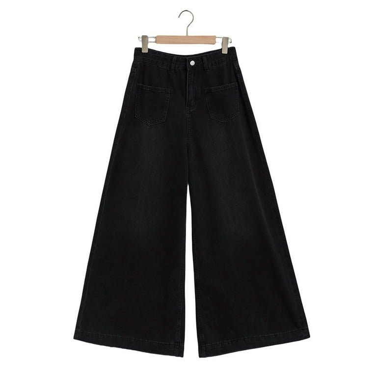 MIUOWANP High Waisted Jeans for Women Solid Color Durability Wide