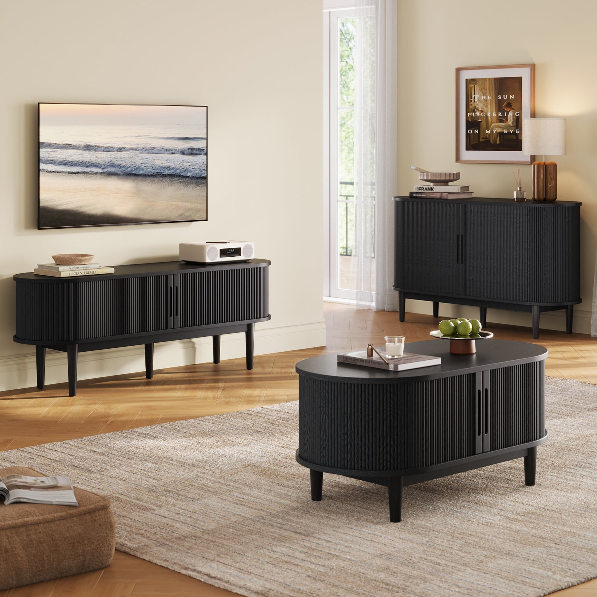 LINSY HOME Fluted TV Stand for TVs up to 65", Mid-Century Home Entertainment Center with Sliding Tambour Door and Adjustable Shelves, Black