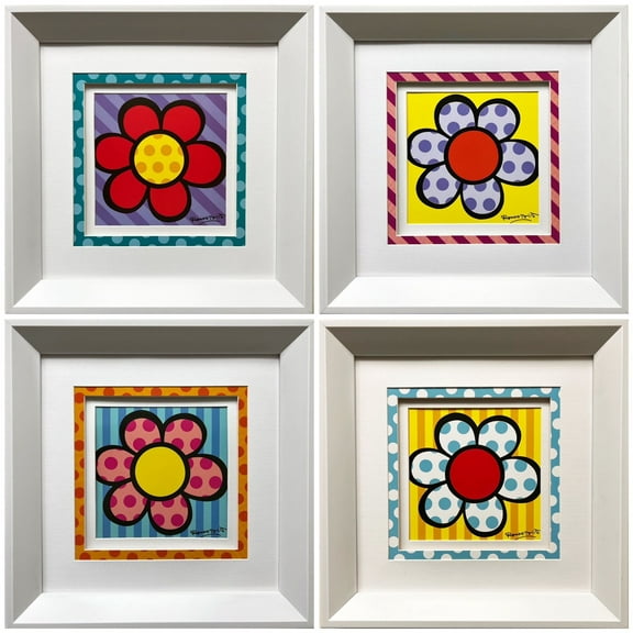 Romero Britto FRAMED "Flower Power" WHITE Custom Framed Art Full Set Of 4 Prints Generic