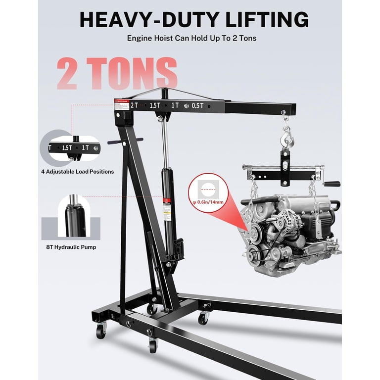 2 Ton Hydraulic Engine Hoist – Heavy-Duty Foldable Cherry Picker With 6 Locking Wheels & 4 Boom Positions, For Workshops & Auto Repair