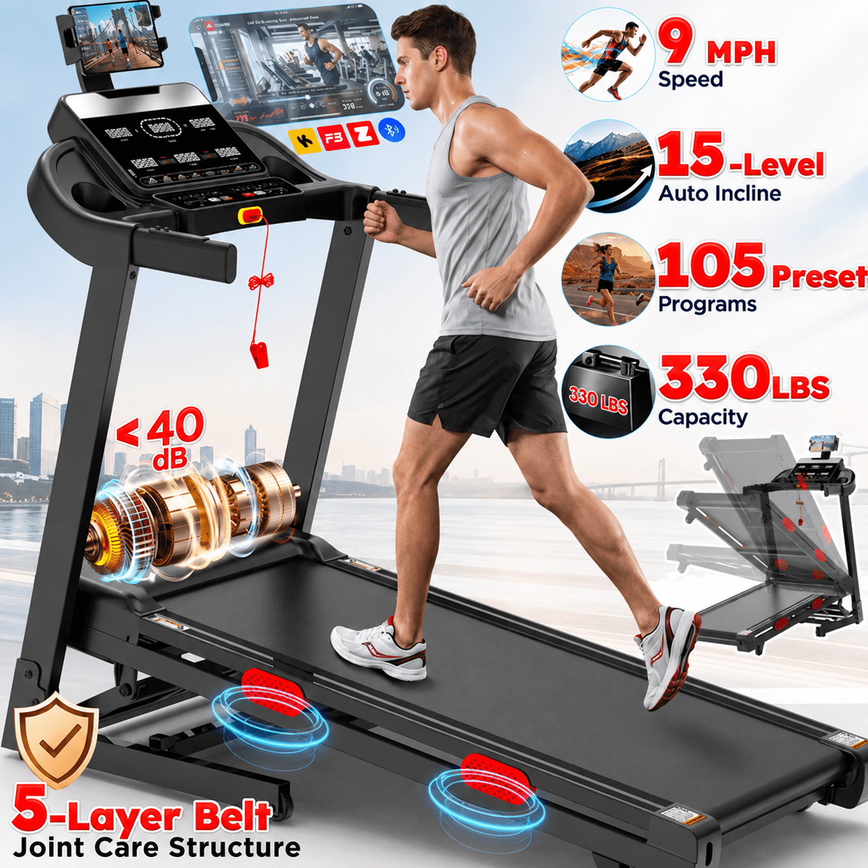3.8HP Folding Treadmill with 15 Level Auto Incline, Treadmill for Home, Portable Exercise Treadmill, 9 MPH Speed, Treadmill 330 LBS Capacity, 105 Programs for Apartment & Daily Cardio Workout