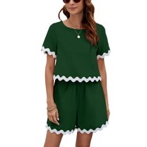 SWSMCLT Women's Summer 2 Piece Casual Suits Cute Scallop 2 Piece Outfit Short Sleeve Short Home Slash Pocket Green Medium