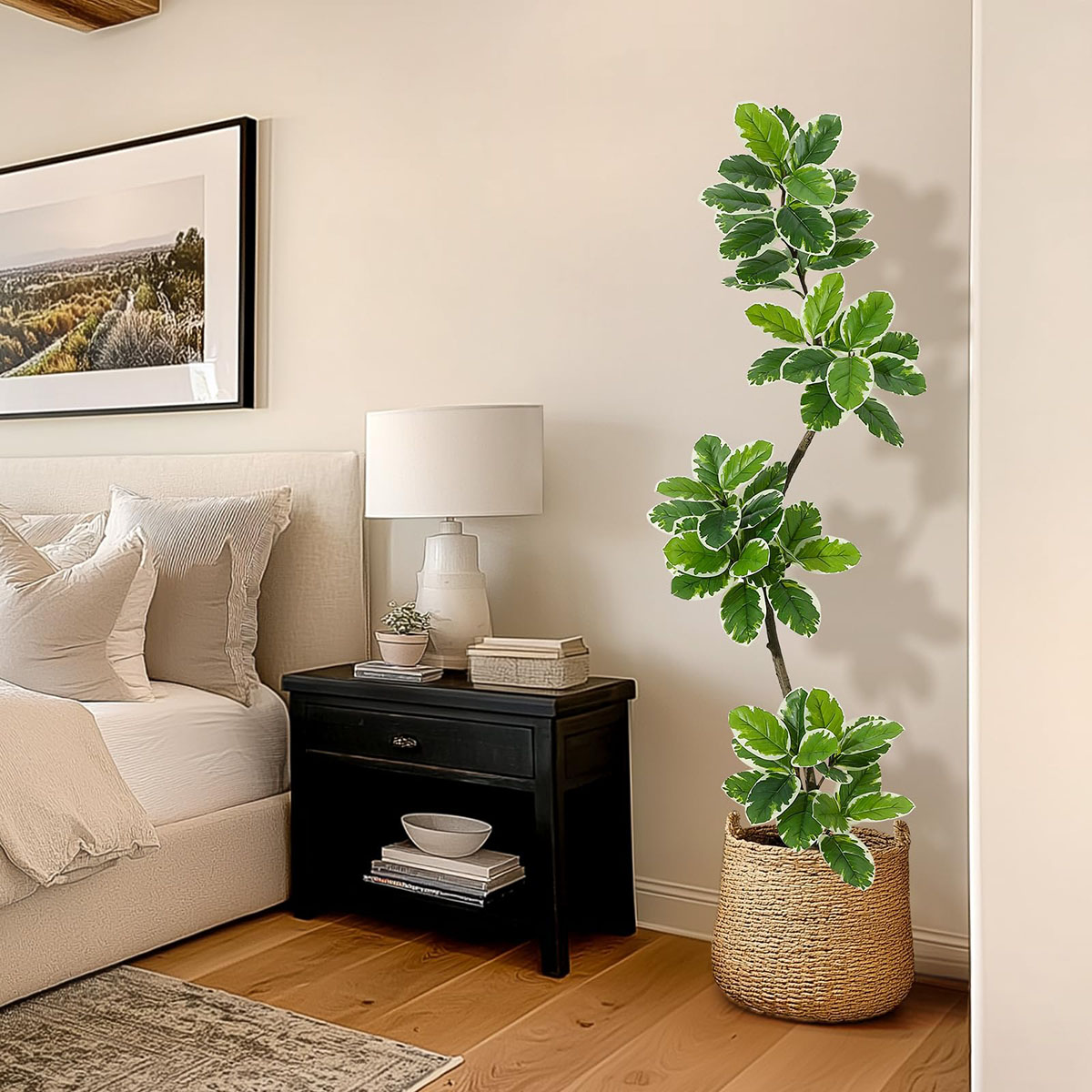 Ataucjin Artificial Fiddle Leaf Fig Tree, 5FT Tall Faux Rubber Tree with Sphere Planter, Tall Artificial Plants with Moss for Home Decor Office Living Room