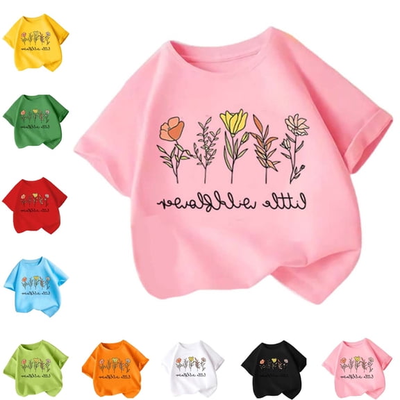 Lumosvexa Graphic Cotton T-Shirt for Girls Soft Breathable Cotton Short Sleeve Round Neck Cute Allover Floral Print Summer Casual School Top Pink 7-8