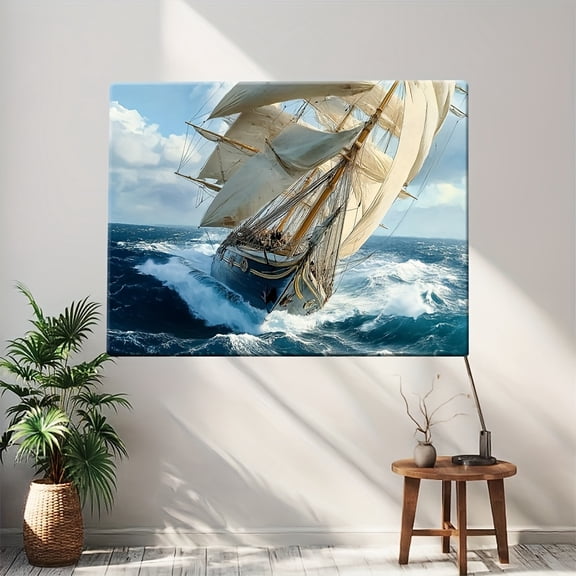2D Flat, 1pc Art Deco Sailing Ship Canvas Wall Art with Wooden Frame - Waterproof Nautical Decor, Vibrant HD Print, Easy to Hang for Living Room, Bedroom, Home Office - Unique Gift Idea, Coastal Home
