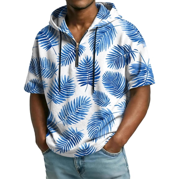 QHRMKOG Quarter Zip Hoodie Men Relaxed Fit Short Sleeve Hooded Sweatshirt Fashion Hawaiian Print Drawstring Hoodie 2026 Summer Outdoor Top Blue L