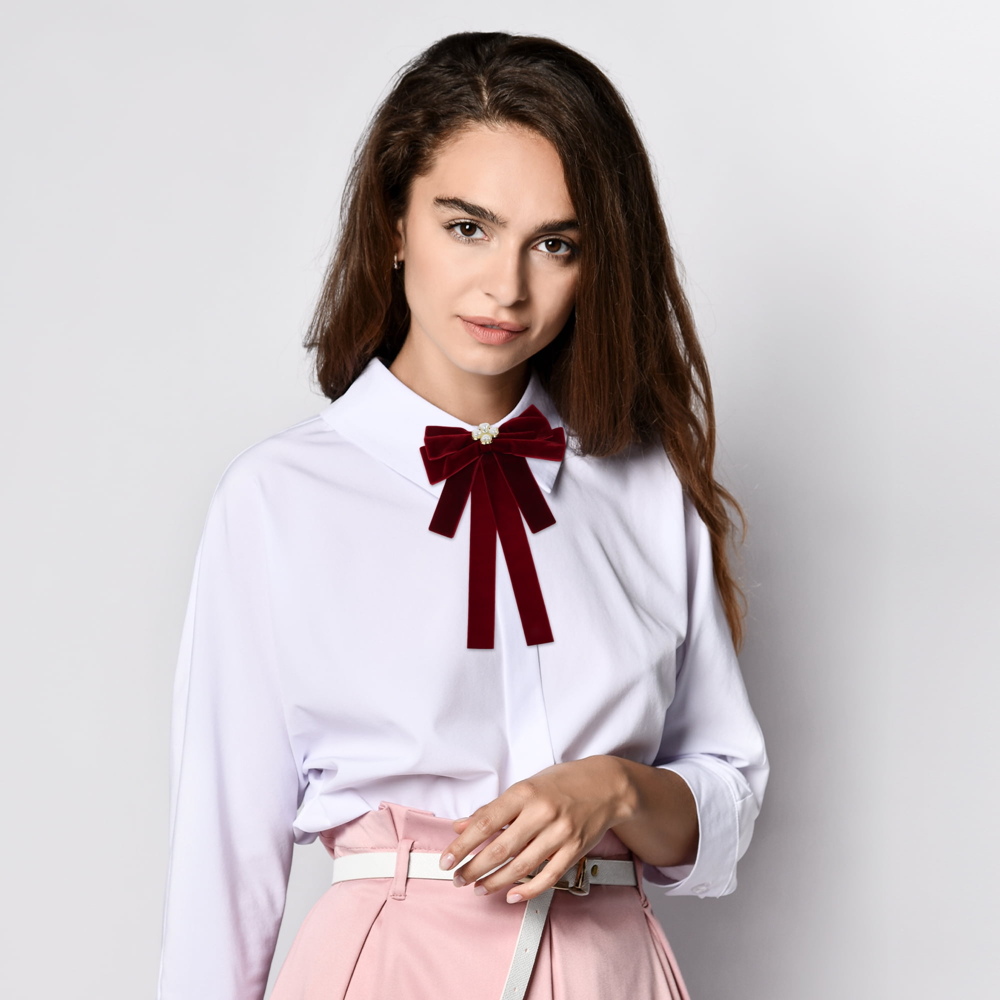 Unique Bargains Bowknot Ribbon Bow Brooch Neck Tie Light Red