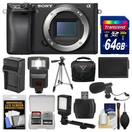 Sony Alpha A6300 4K Wi-Fi Digital Camera Body (Black) with 64GB Card + Case + Flash + LED Video Light + Mic + Battery & Charger + Tripod + Kit