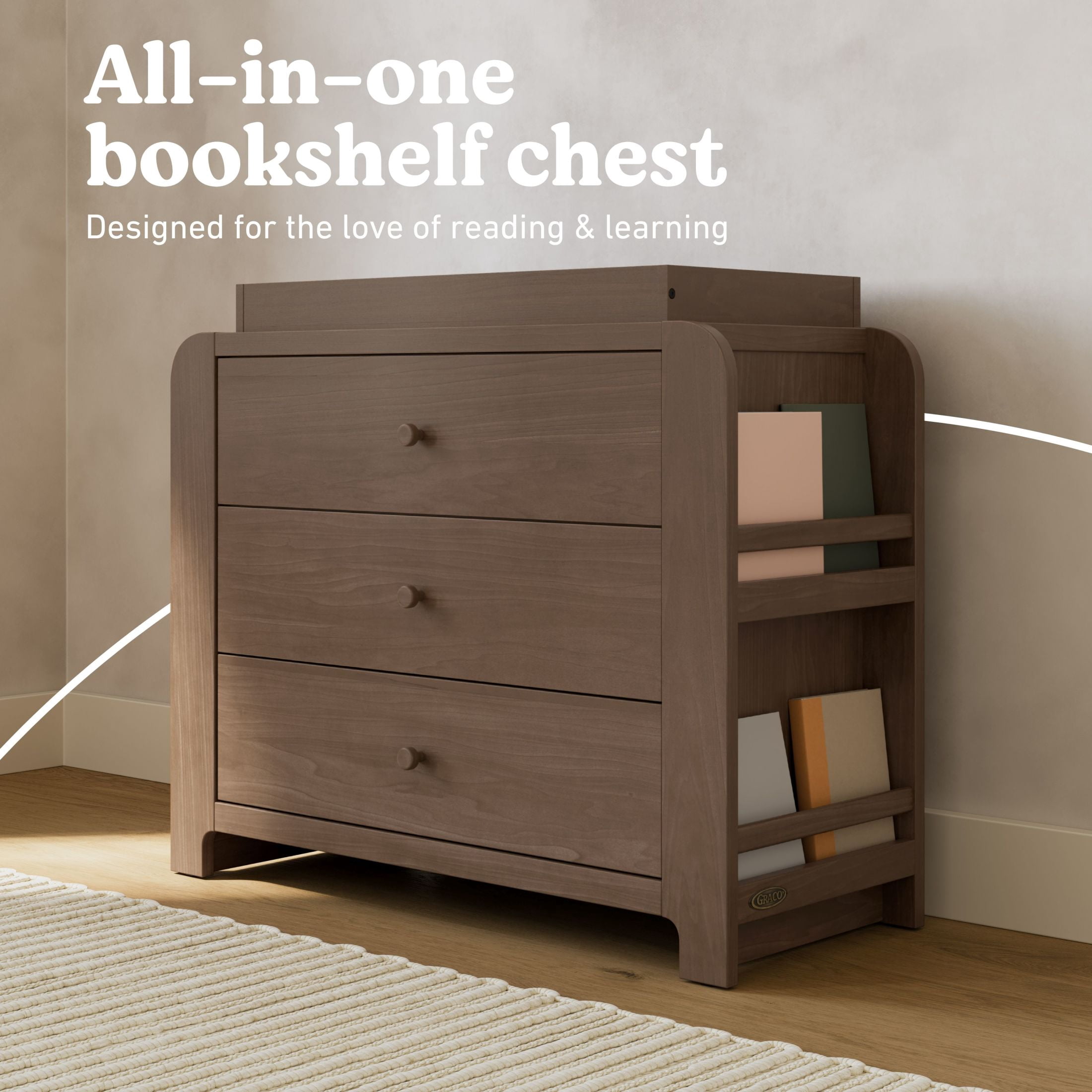 Graco Read-with-Me 3 Drawer Chest with Bookshelves and Removable Infant Changing Topper, Hazelnut