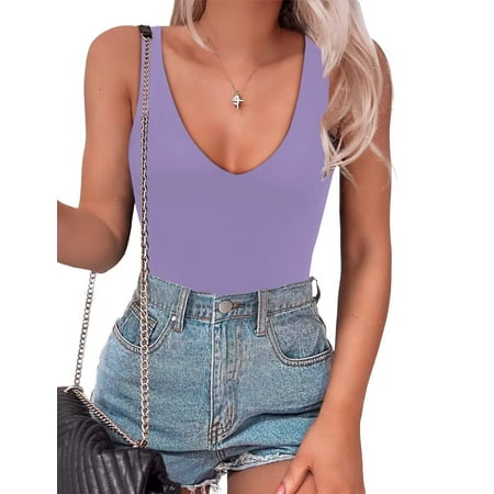 Women s Bodysuit Sexy Plunge Deep V Neck Backless Sleeveless Tank Thong Body Suits Outfits for Going Out White L C