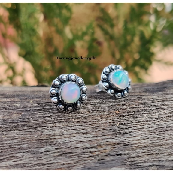 Opal Stud Earrings – 925 Sterling Silver Round Fire Opal Gemstone Studs for Women, Handmade Boho Dotted Halo Silver Earrings, October Birthstone Jewelry Gift