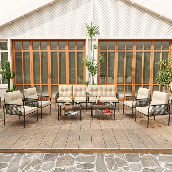 Costway 8 PCS Patio Furniture Set with Loveseat Tempered Glass Coffee Table & Soft Cushions