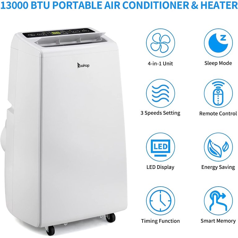 ROVSUN 13,000BTU (ASHARE) 4-in-1 Portable Air Conditioner, Heater,  Dehumidifier, Fan, for Rooms up to 550 Sq Ft. Floor AC with Remote Control  u0026 Rolling Wheels u0026 Window Installation Kit, White - Walmart.com