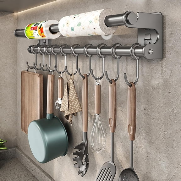 Kitchen Utensil Hanger, Adhesive Kitchen Utensil Rack Holder Wall Mount, 304 Stainless Steel Pots and Pans Hanging Rack with 8 Sliding Hooks, Space Saving and No Drilling, Gray