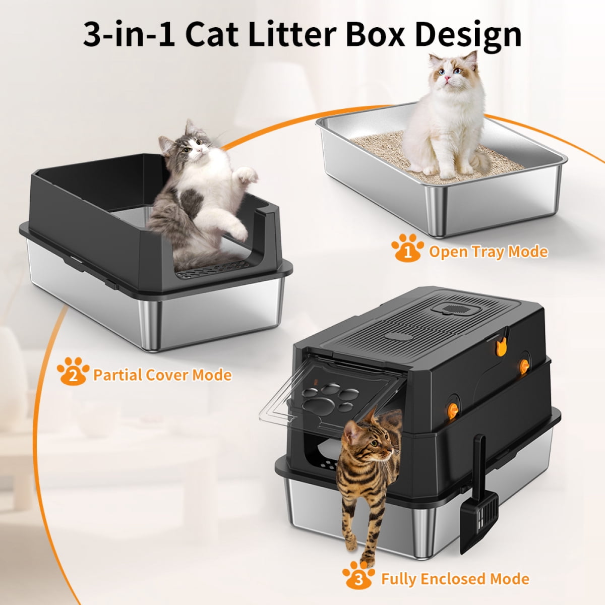 LuckyNote Stainless Steel Cat Litter Box, High-Sided with Leak Protection, Includes Scoop with Hook, Easy-Clean Odor-Resistant for Indoor Cats, Black and Silver