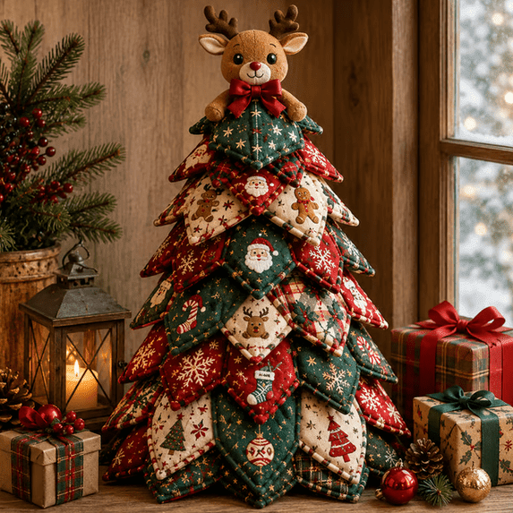 DIY Quilted Christmas Tree Kit, 3D Fabric Patchwork Craft Set for Beginners, Handmade Tabletop Holiday Decor, Ideal for Home Mantel, Desk, and Office Display