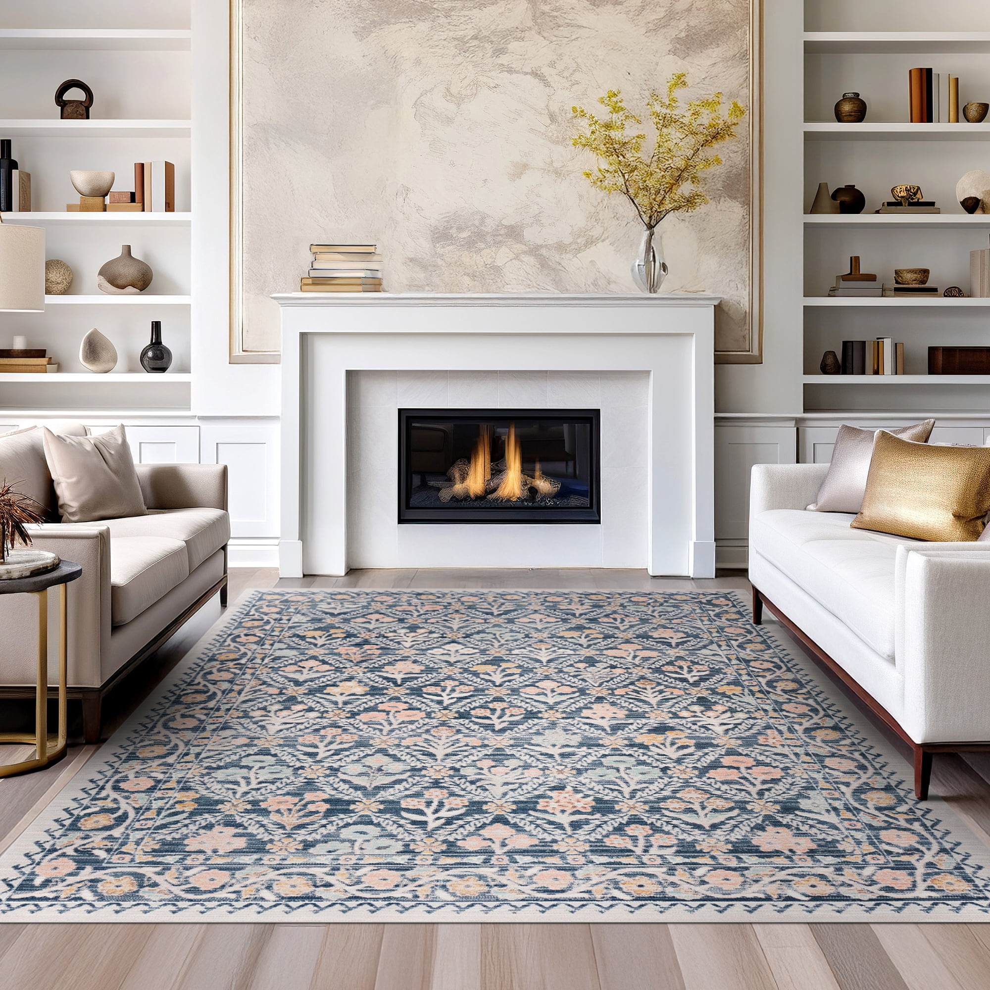 Crestwood Traditional Oriental 2x3 Navy and Aqua Polyester Indoor Area Rug, 2' x 3'