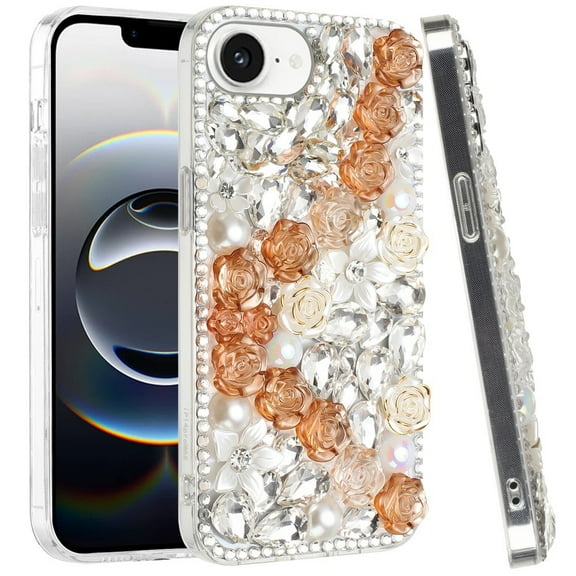 For Samsung Galaxy S25 EDGE Fashion Rose Flower Floral Bling Crystal 3D Full Diamonds Pearl Sparkle Rhinestone Glitter Hybrid Cover, XPM Phone Case [Gold]