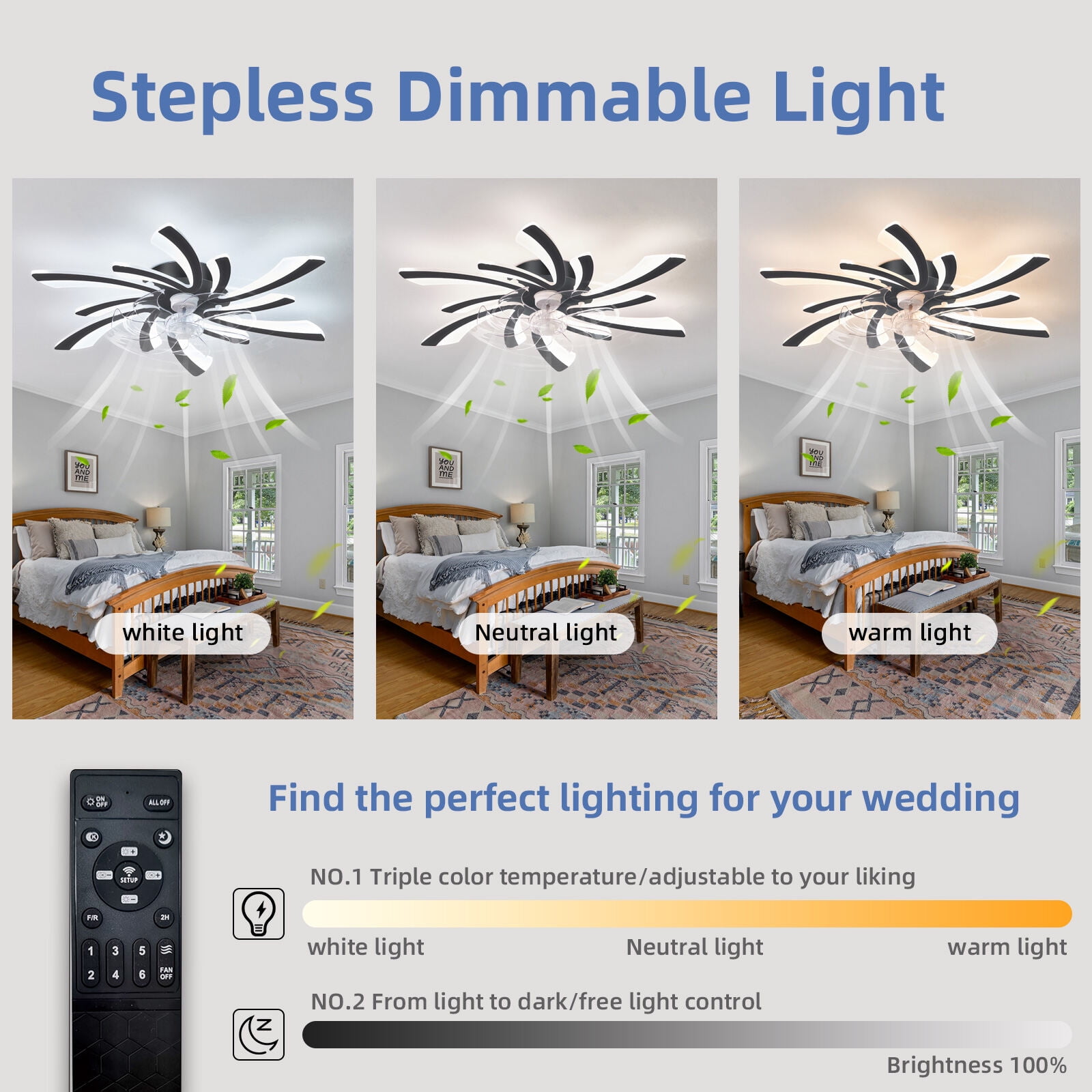 30.7" Black Ceiling Fan with Light, Remote Control 3-Color Temperature & 6-Speed Flush Mount Fan (30.7"L x 30.7"W x 5.9"H)